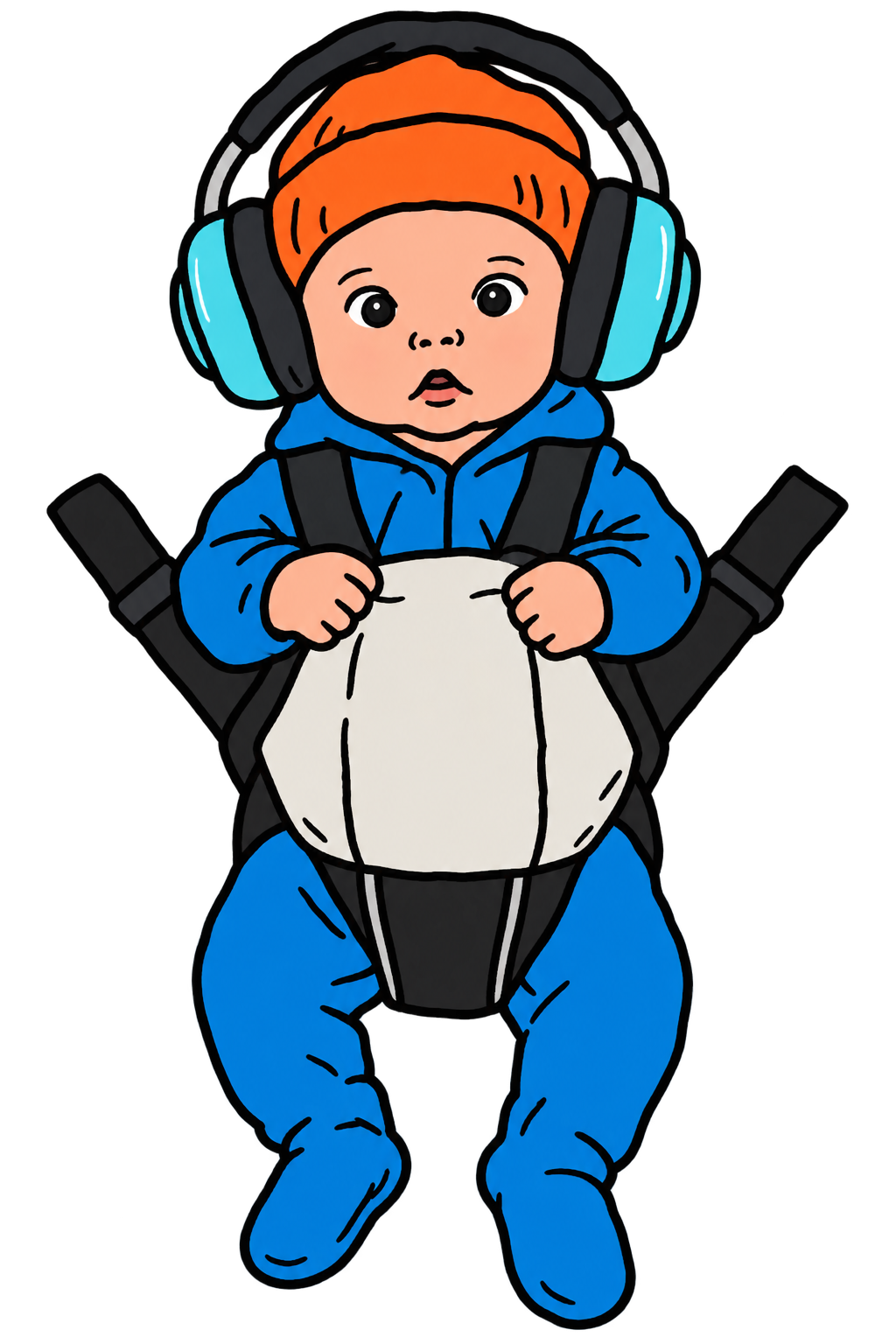 Baby with headphones in a front carrier
